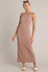 Front view of this dress that features a scoop neckline, a slit in the back and, a super soft material.