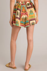 Back view of these shorts that feature a high waisted design, a drawstring elastic waist, and functional front pockets.
