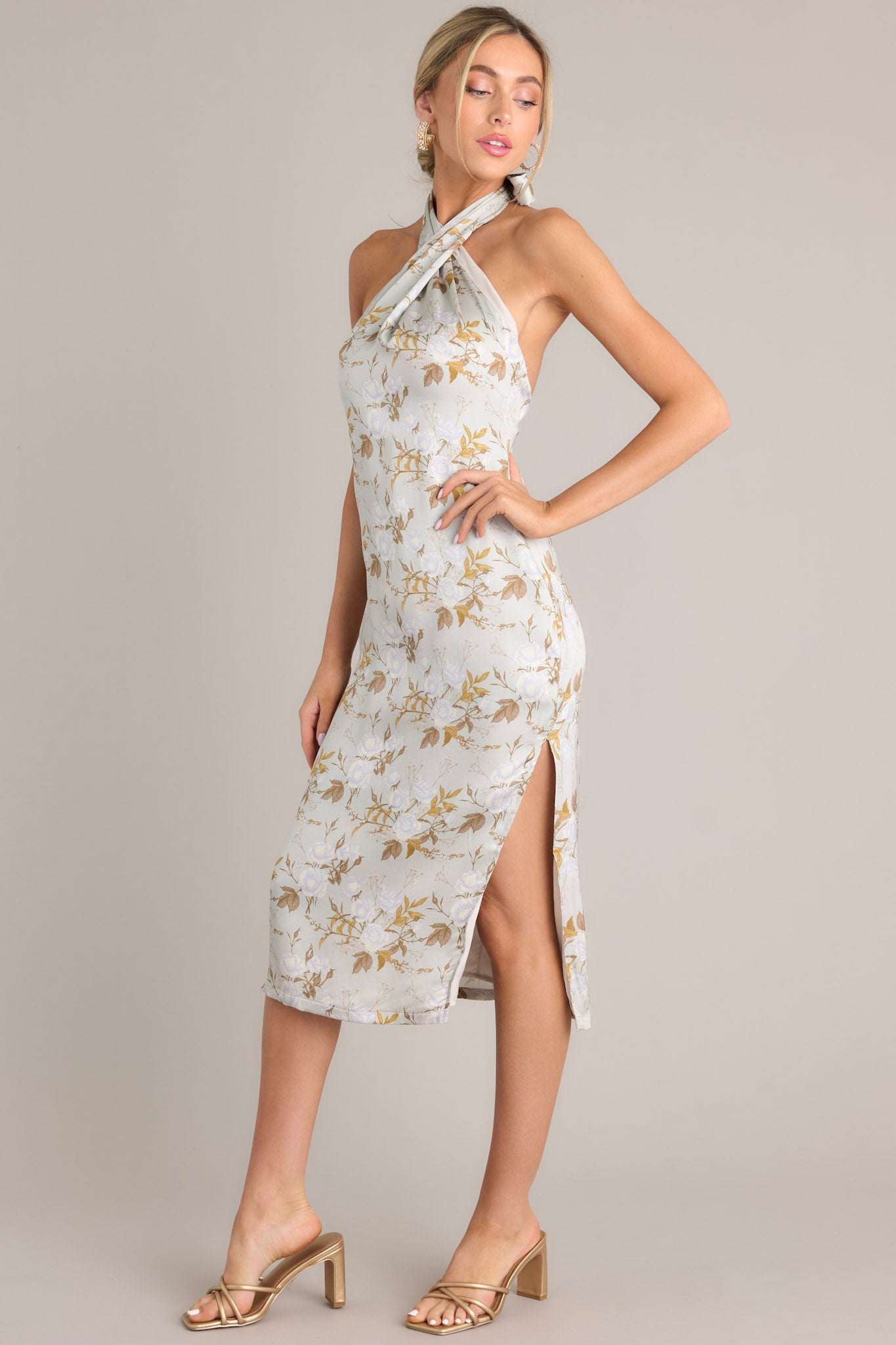 Light Sage Floral Halter Midi Dress - All Dresses | Red Dress Light Sage Floral Halter Midi Dress - All Dresses | Red Dress