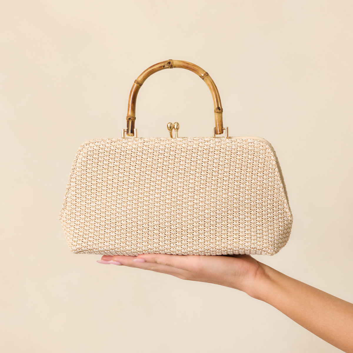 Ivory Bamboo Handle Woven Handbag - All Handbags | Red Dress