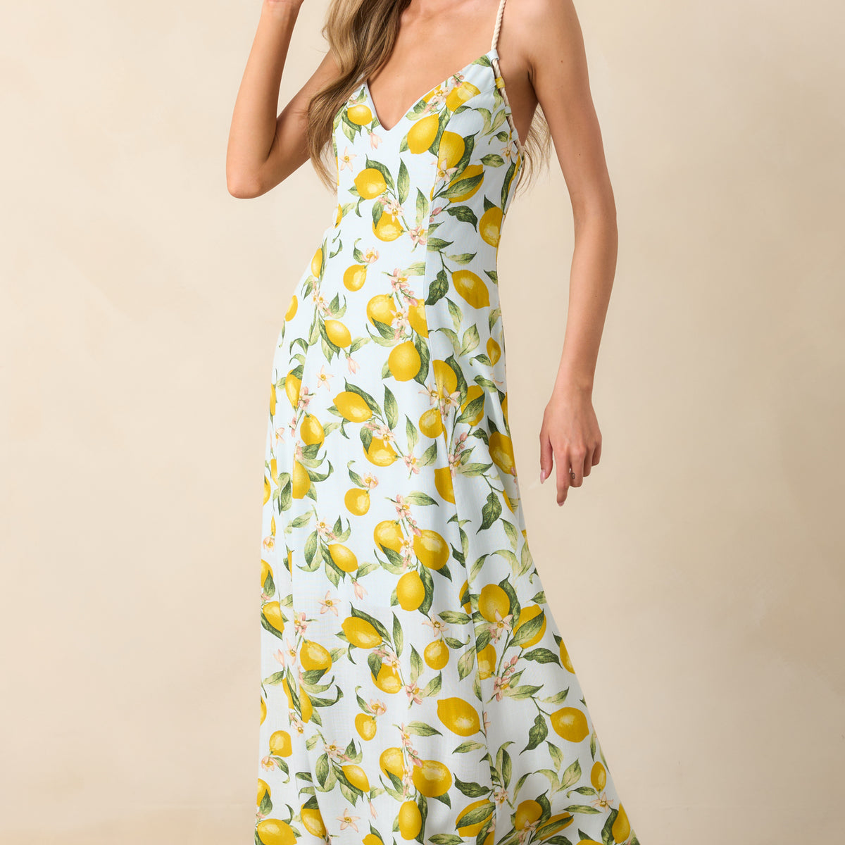 maxi dress with lemon print Light Blue Lemon Print Maxi Dress - Vacation Ready