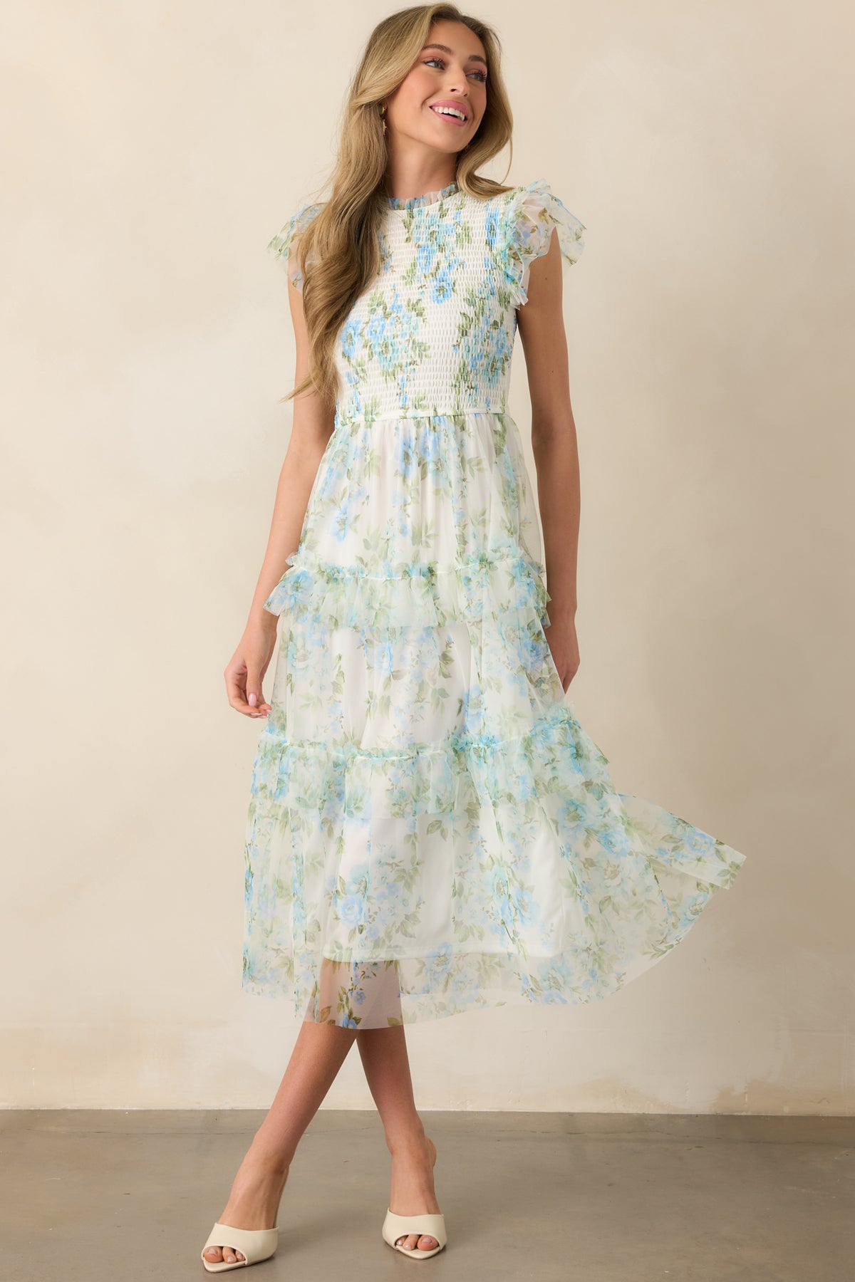 Sky Blue Floral U Neck Flutter Shoulder Tiered Flowy Midi Dress