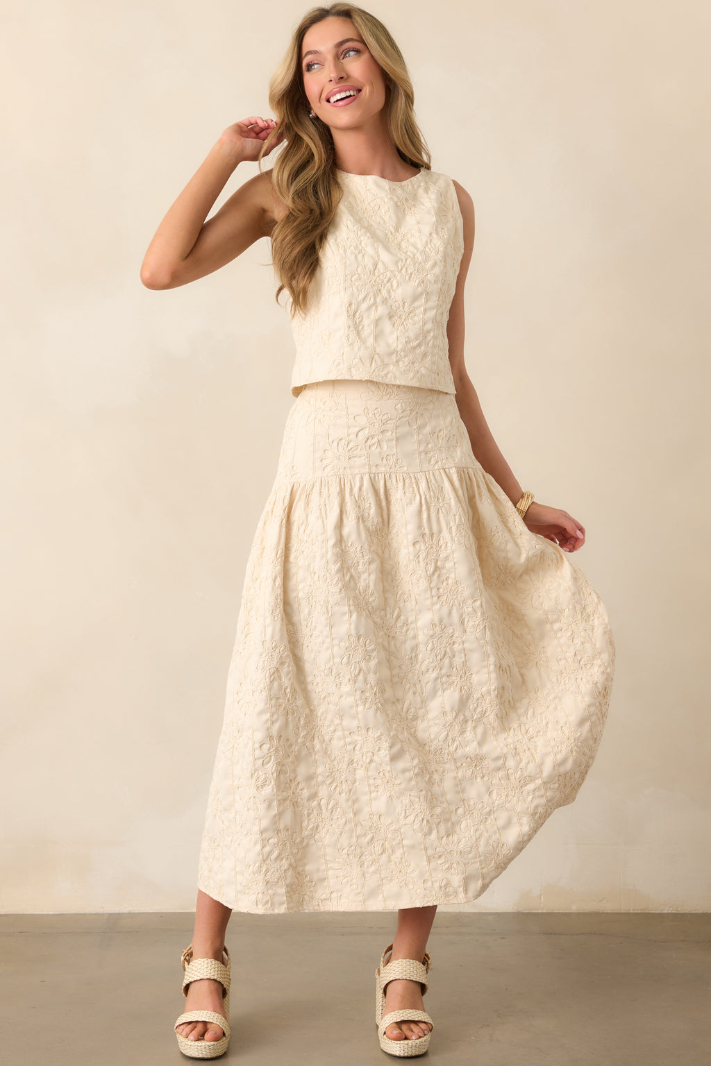 midi skirts and dresses Beige Floral Embroidered Skirt - All while the voluminous skirt Sleeve Length:Sleeveless Leather Midi Dress with Color:Pacific Blue