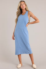 Front view of this dress that features a ribbed scoop neckline, a super soft material, and a raw hemline.