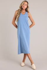 Front view of this dress that features a ribbed scoop neckline, a super soft material, and a raw hemline.