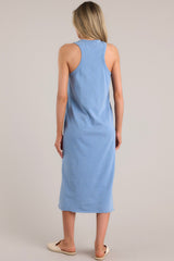 Back view of this dress that features a ribbed scoop neckline, a super soft material, and a raw hemline.