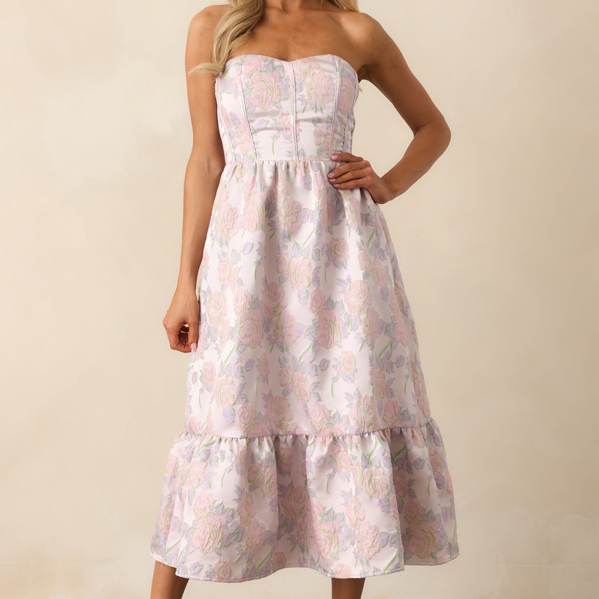 elliatt caspian strapless jacquard high low midi dress In The Spotlight Lavender Floral Jacquard Strapless Midi Dress