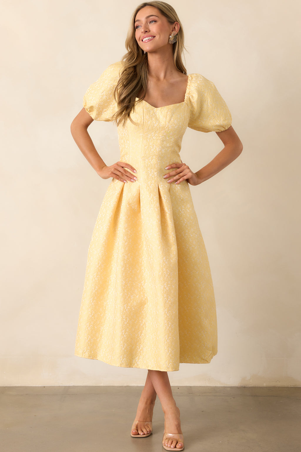 yellow dresses with sleeves Shine So Bright Floral Jacquard Puff Sleeve Maxi Dress NECKLINE_Straps Suitable for summer Size:38W L32 Terani Evenings Dress 252E5196