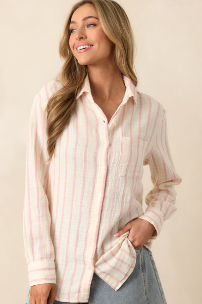 Z Supply Saturdays Stripe Gauze Shirt In Bone Ivory | Red Dress