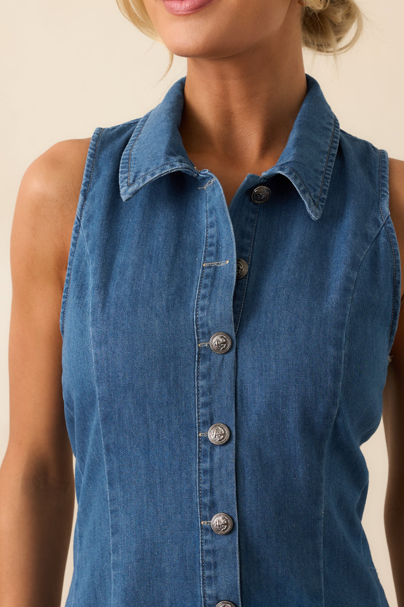 Medium Wash Denim Double Breasted Short Dress