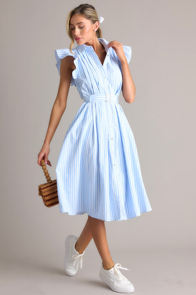 Sky Blue & White Stripe Button Front Dress - Midi Dresses | Red Dress
