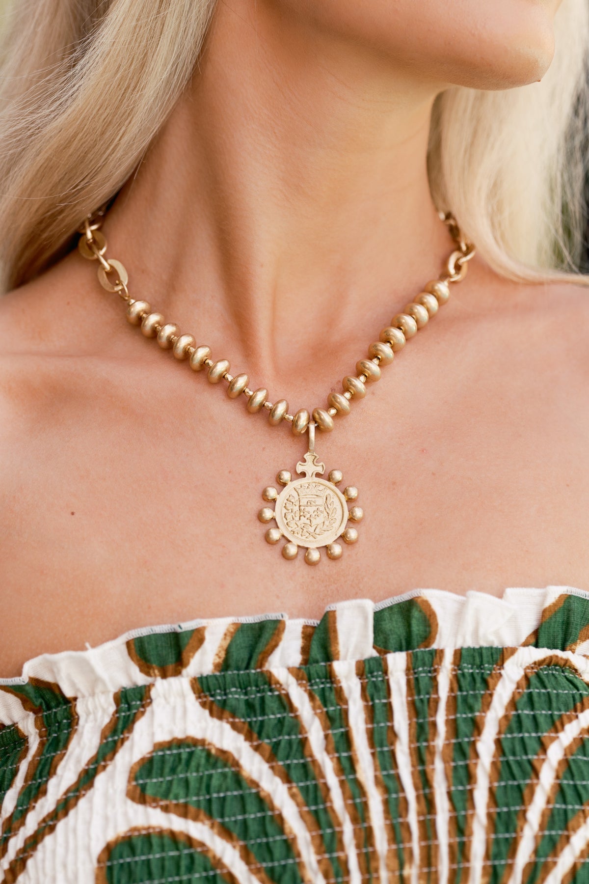 Gold Beaded Pendant Necklace - All Necklaces | Red Dress