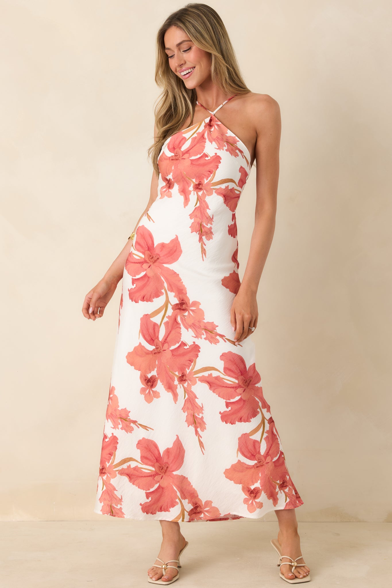 MINKPINK Isla Peach Hibiscus Halter Maxi Dress MINKPINK Isla Peach Hibiscus Halter Maxi Dress