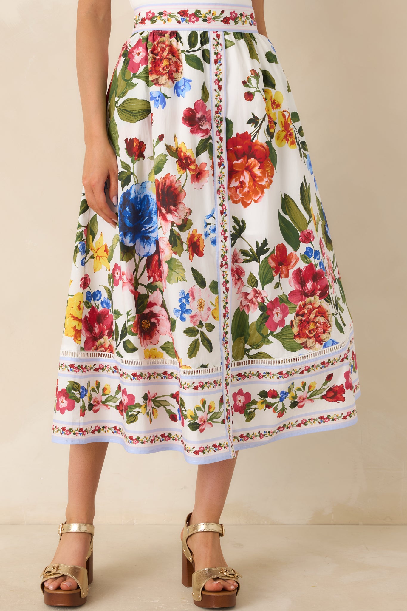 Textured look at voluminous skirt fabric with vibrant floral pattern.