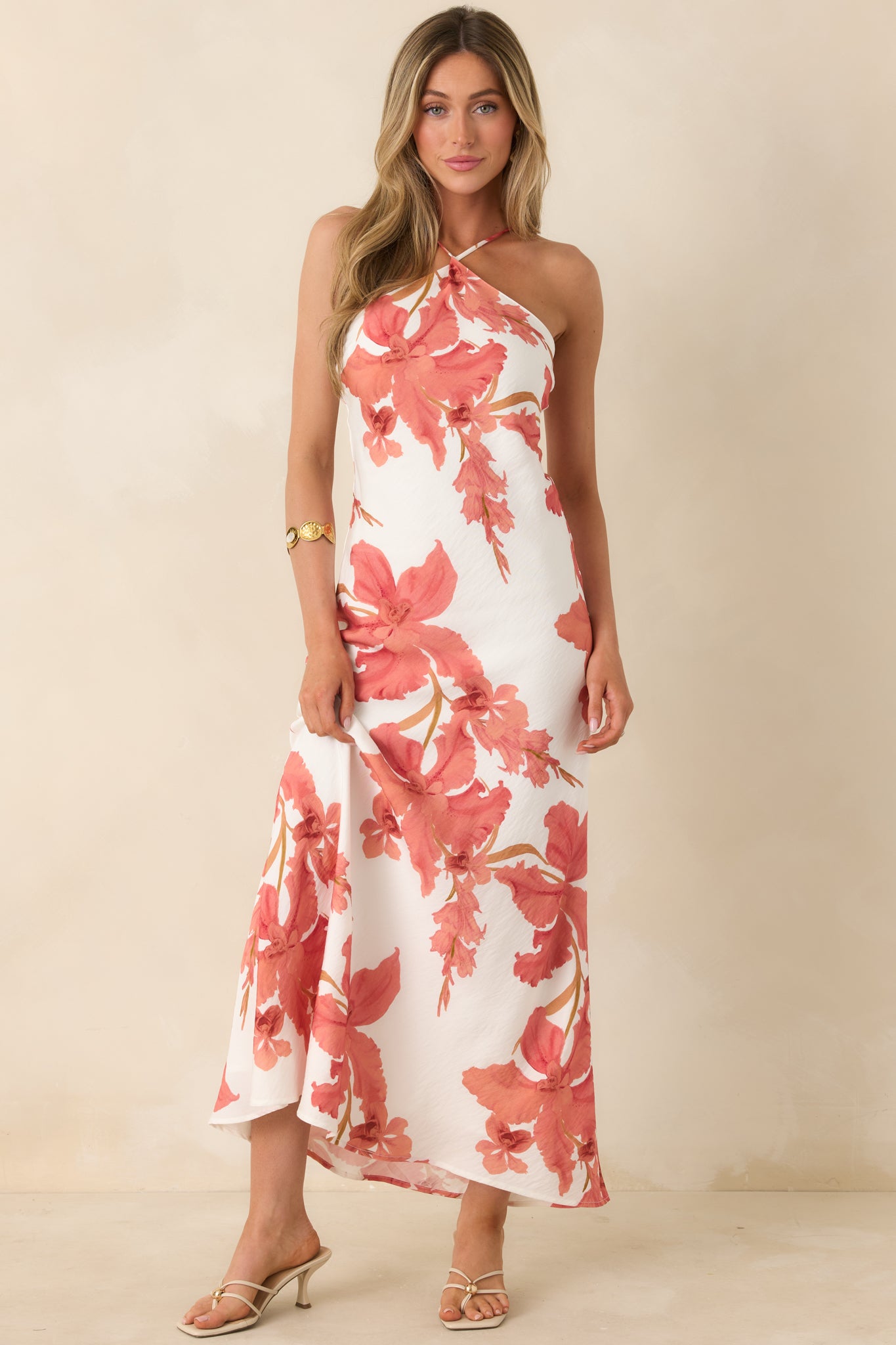 MINKPINK Isla Peach Hibiscus Halter Maxi Dress | Red Dress MINKPINK Isla Peach Hibiscus Halter Maxi Dress | Red Dress