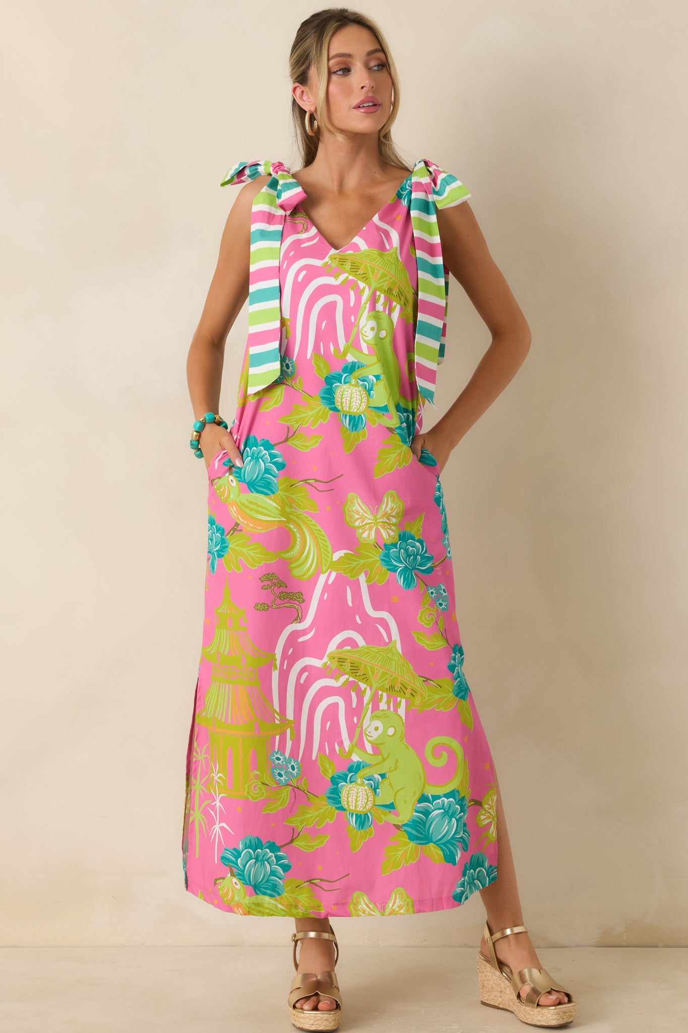 ワンピース MURAL PRINT SHIRRING DRESS Prosperina Arden Pink Multi Chinoiserie Cotton Maxi Dress | Red Dress