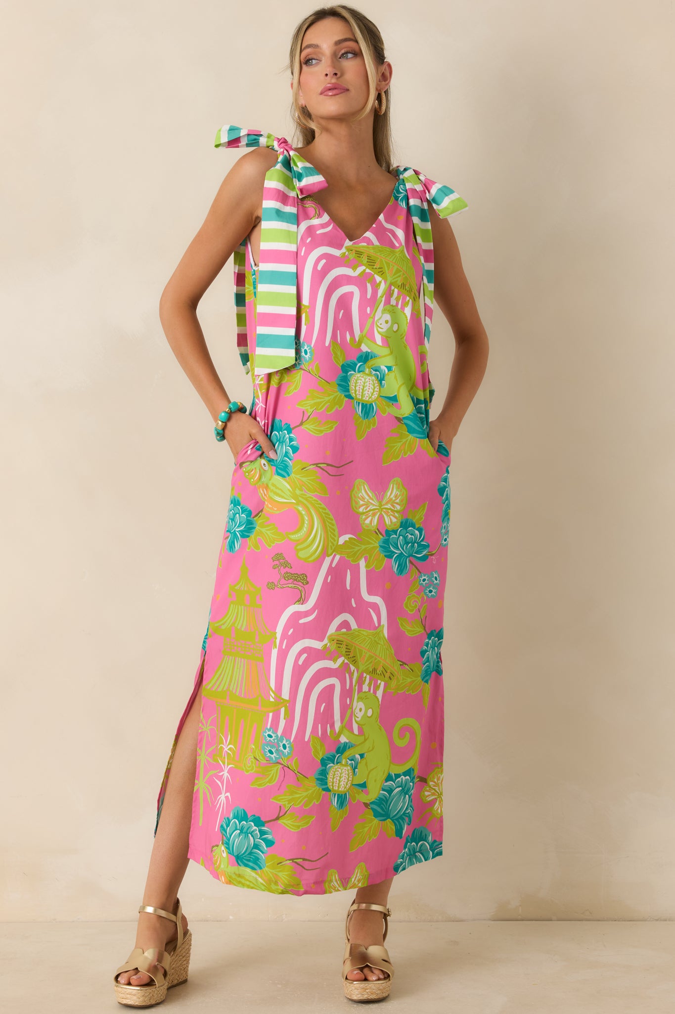 ワンピース MURAL PRINT SHIRRING DRESS Prosperina Arden Pink Multi Chinoiserie Cotton Maxi Dress | Red Dress