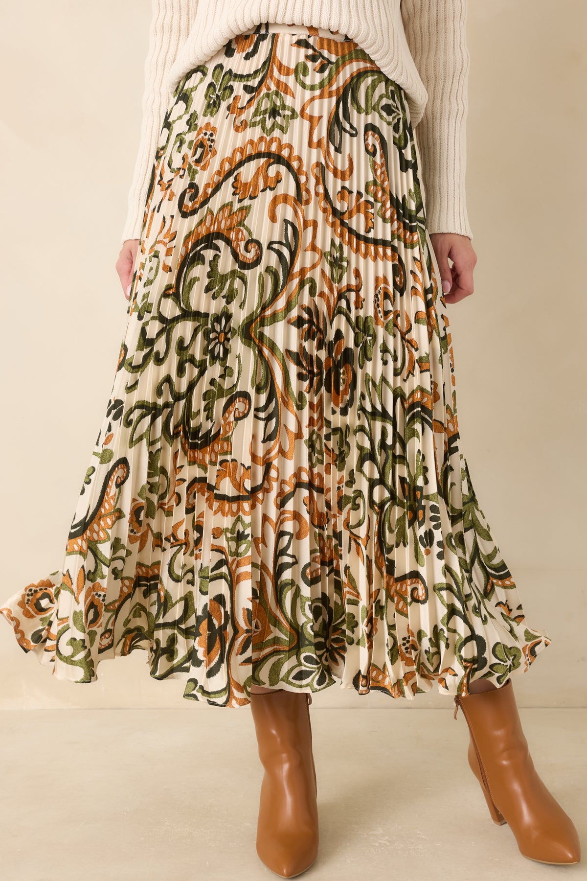 Some Things To Say Ivory & Olive Satin Pleated Maxi Skirt