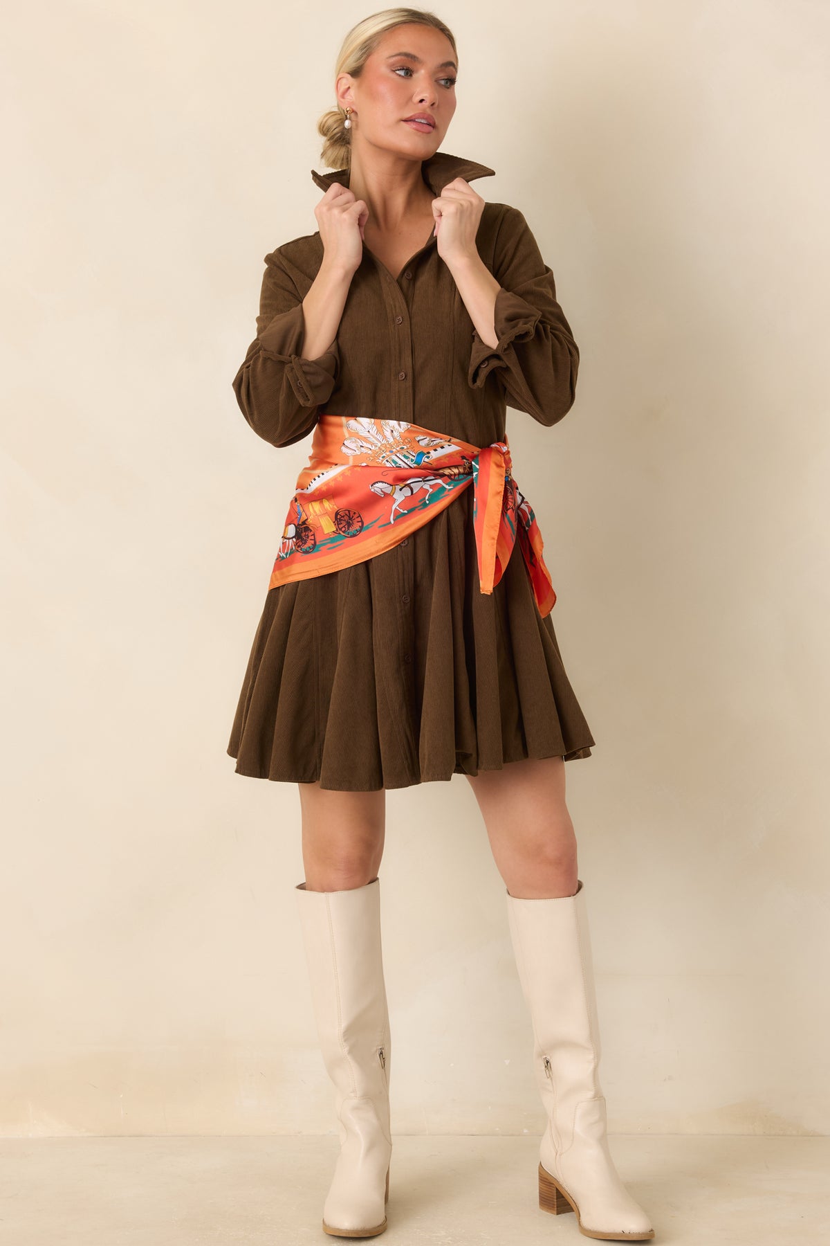 Just Like Old Times Dark Brown Corduroy Mini Shirt Dress