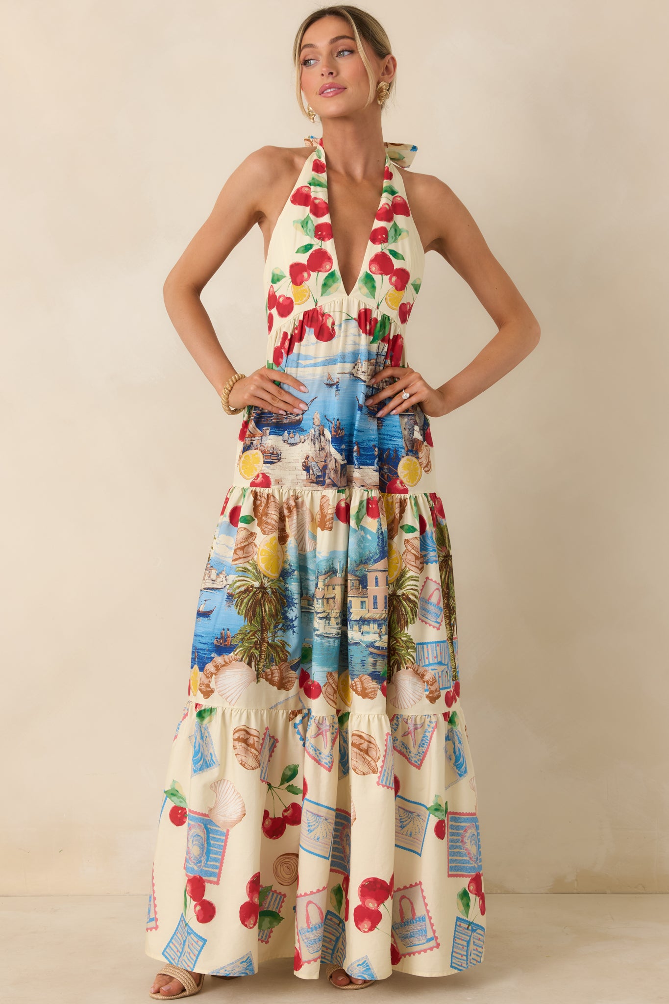 Women's Market to Marina Ivory Multi Coastal Print Cotton Halter Maxi Dress | Size: S | Red Dress