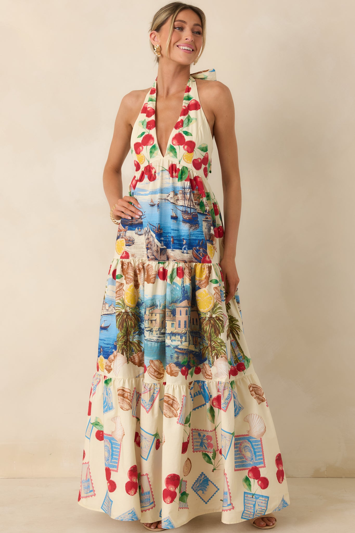 Women's Market to Marina Ivory Multi Coastal Print Cotton Halter Maxi Dress | Size: S | Red Dress Women's Market to Marina Ivory Multi Coastal Print Cotton Halter Maxi Dress | Size: S | Red Dress