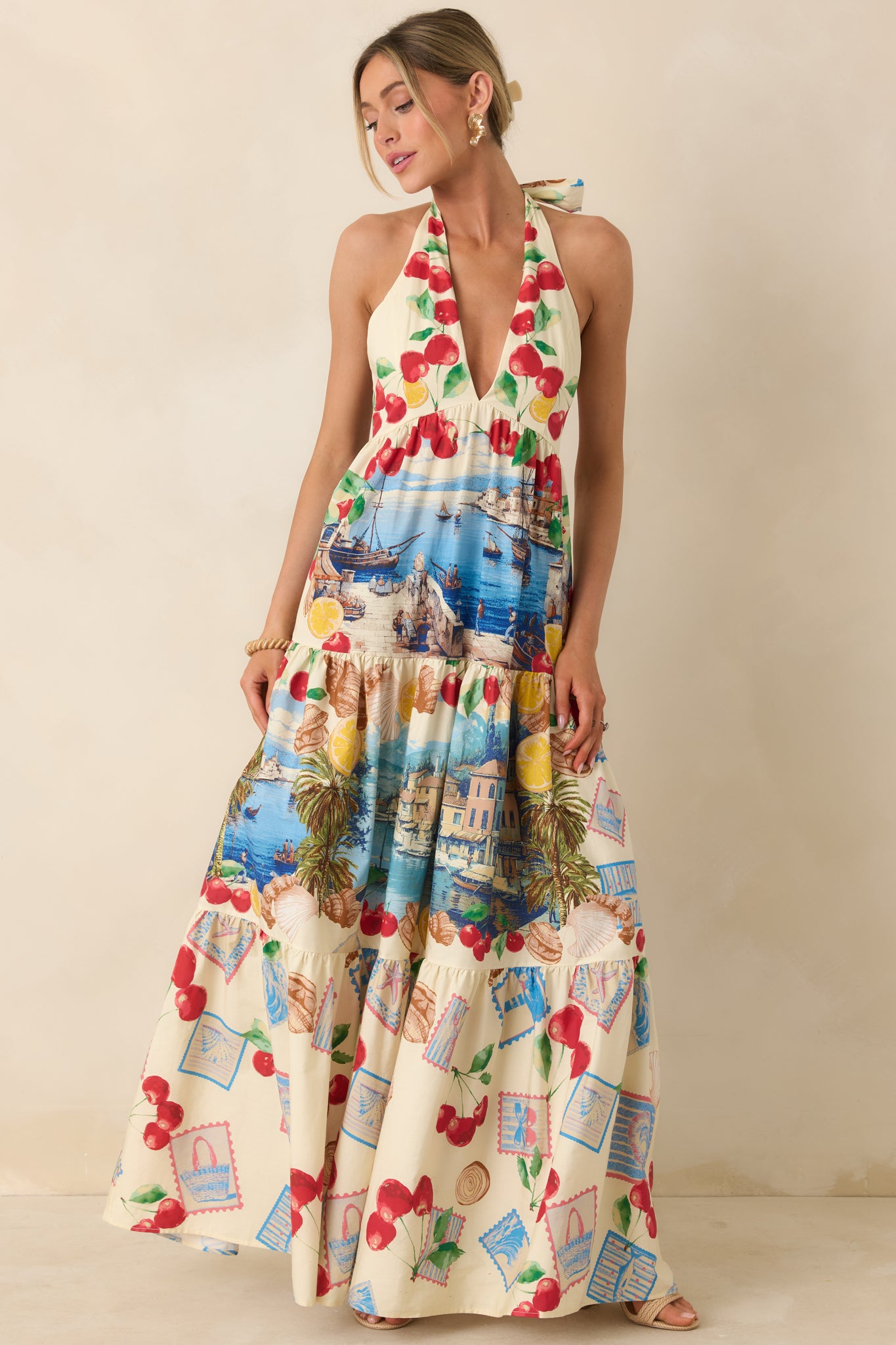 Women's Market to Marina Ivory Multi Coastal Print Cotton Halter Maxi Dress | Size: S