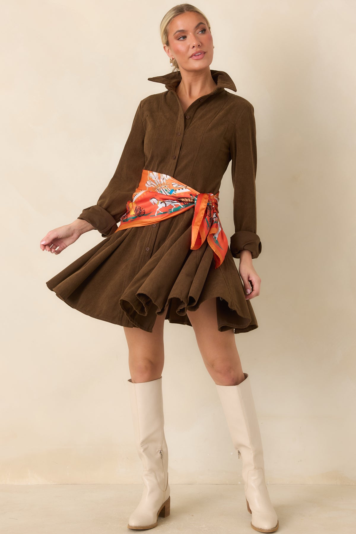 Just Like Old Times Dark Brown Corduroy Mini Shirt Dress