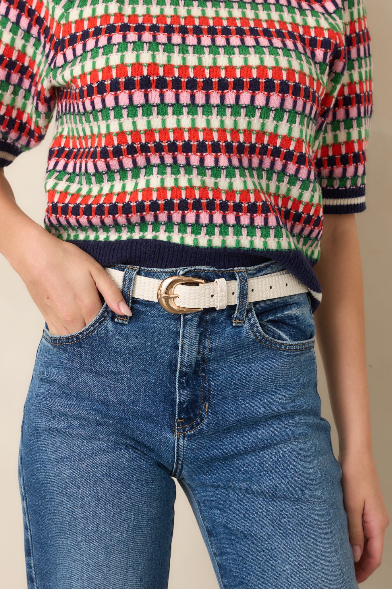 Always in Place White Woven Texture Faux Leather Belt