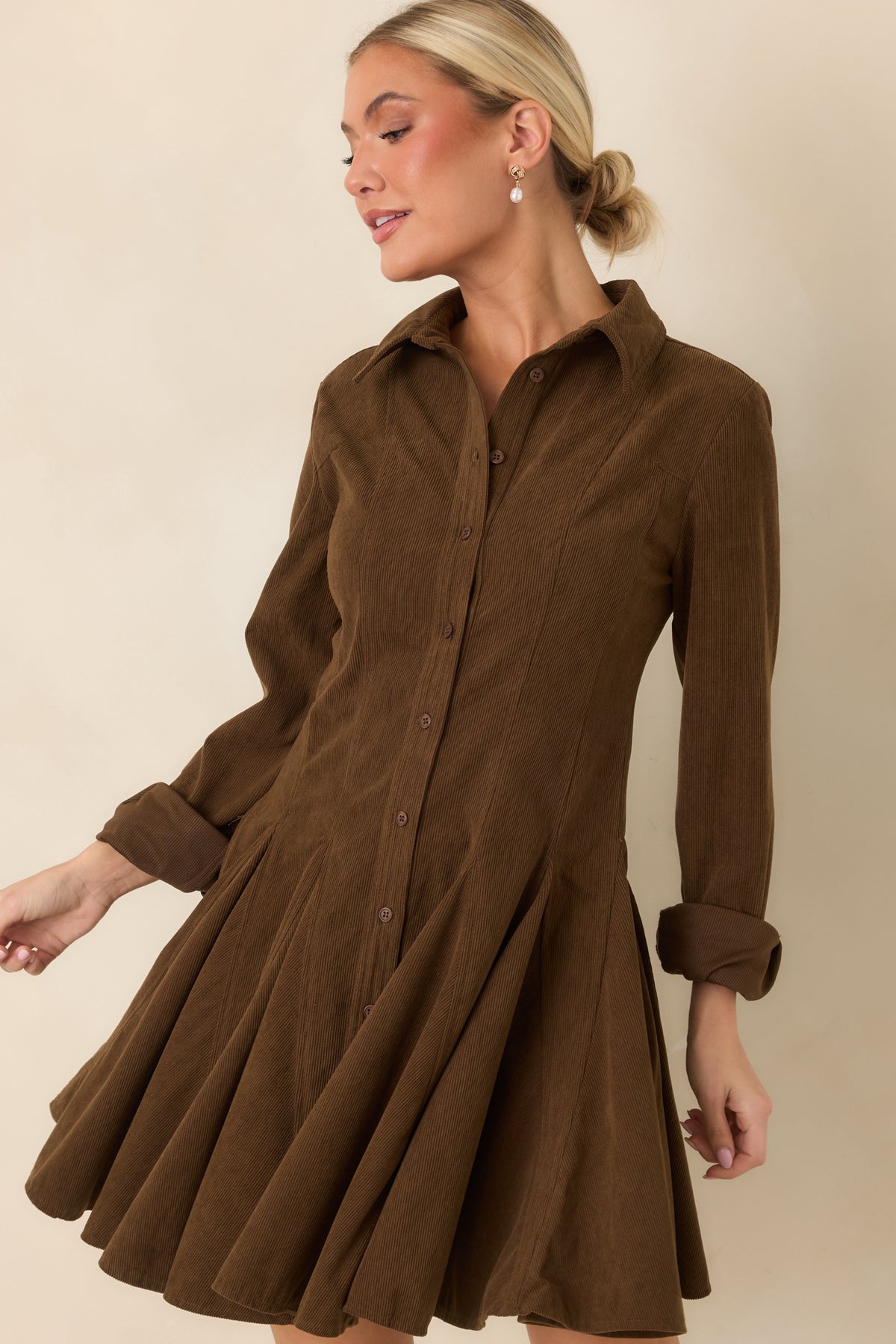 Just Like Old Times Dark Brown Corduroy Mini Shirt Dress