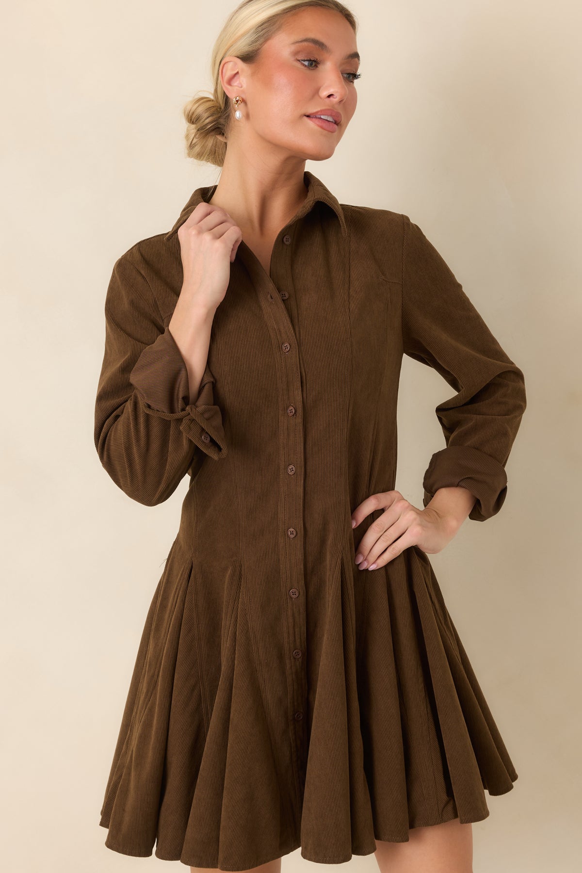 Just Like Old Times Dark Brown Corduroy Mini Shirt Dress