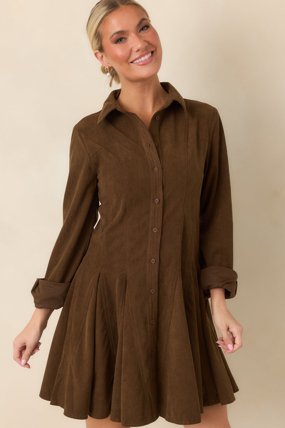 Just Like Old Times Dark Brown Corduroy Mini Shirt Dress