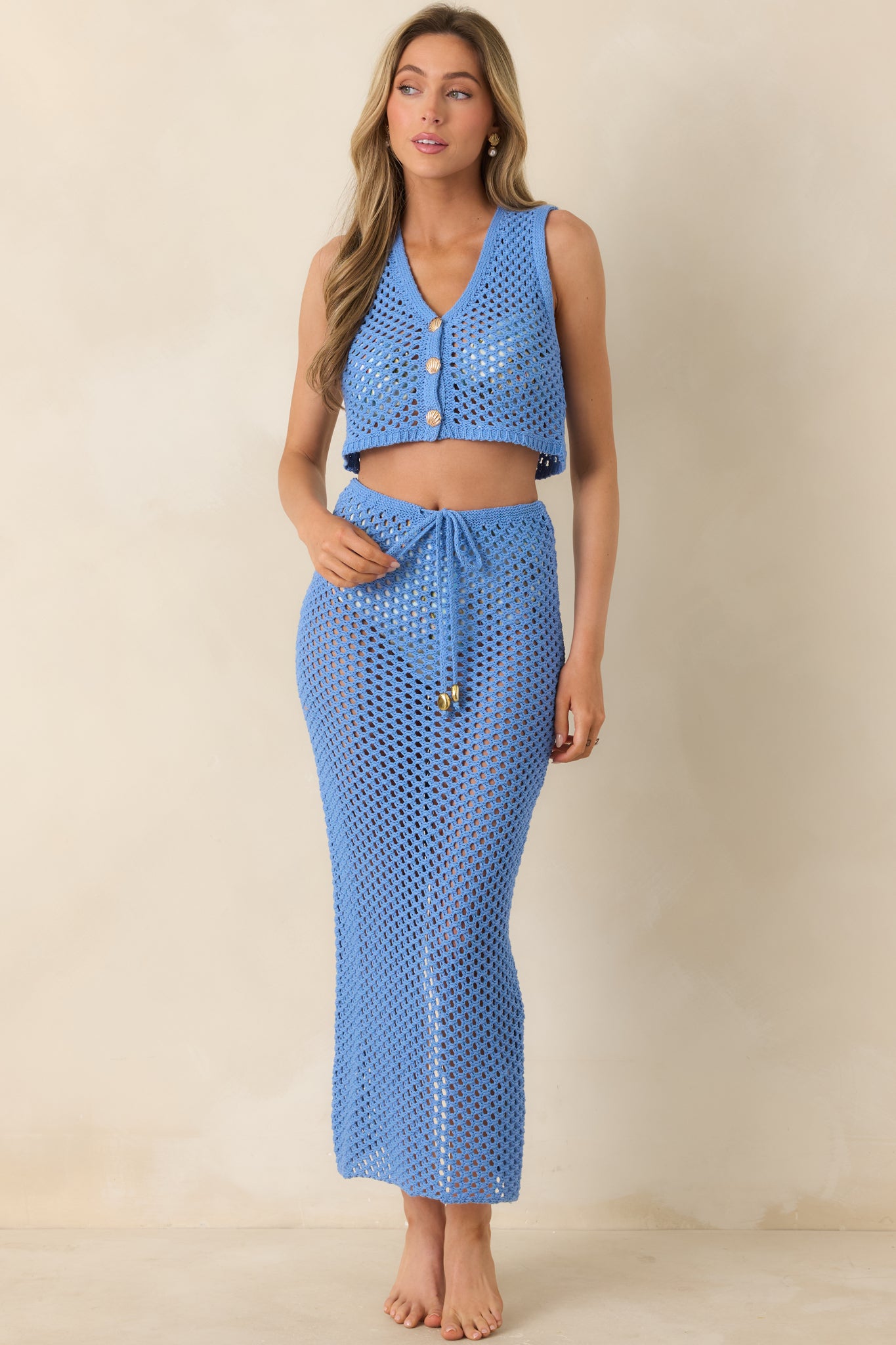 MINKPINK Balmy Blue Crochet Crop Top | Red Dress