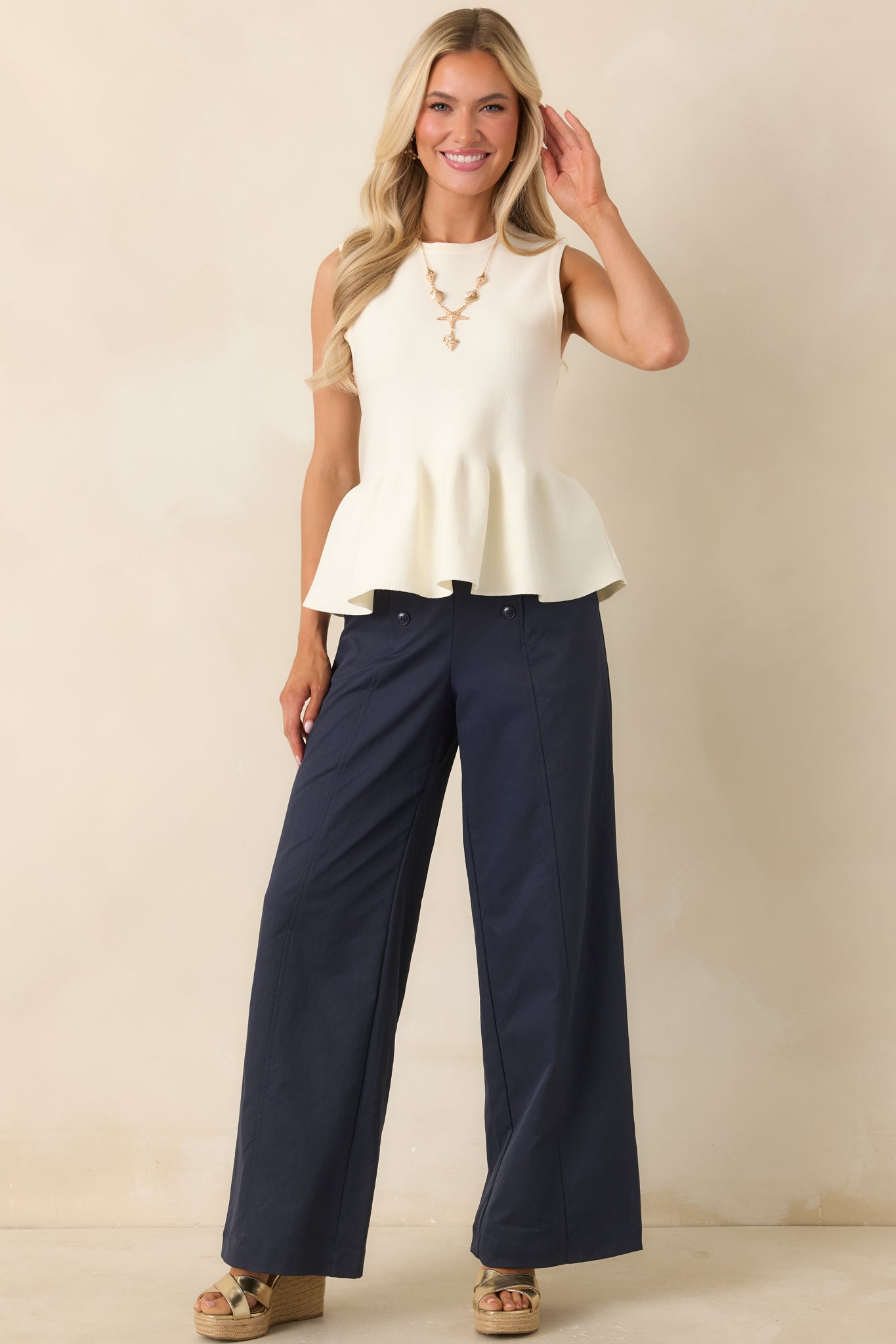 Red Dress | Ivory Knit Sleeveless Peplum Top - All Tops