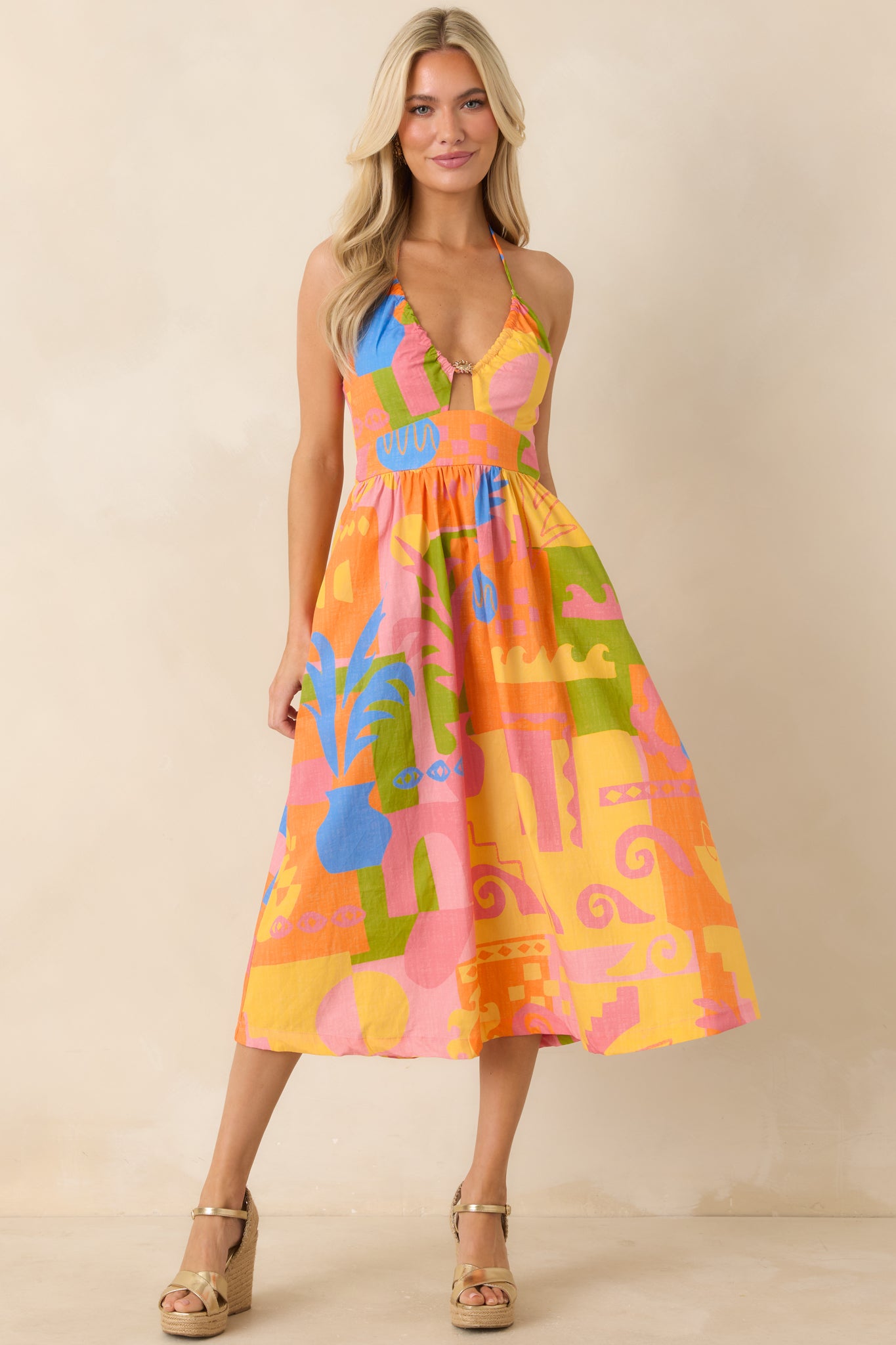 595h*美品 ドゥーズィエムクラス エブリデイアイライク Sun Dress Paradisa Maldives Orange Multi Cotton Midi Dress | Red Dress