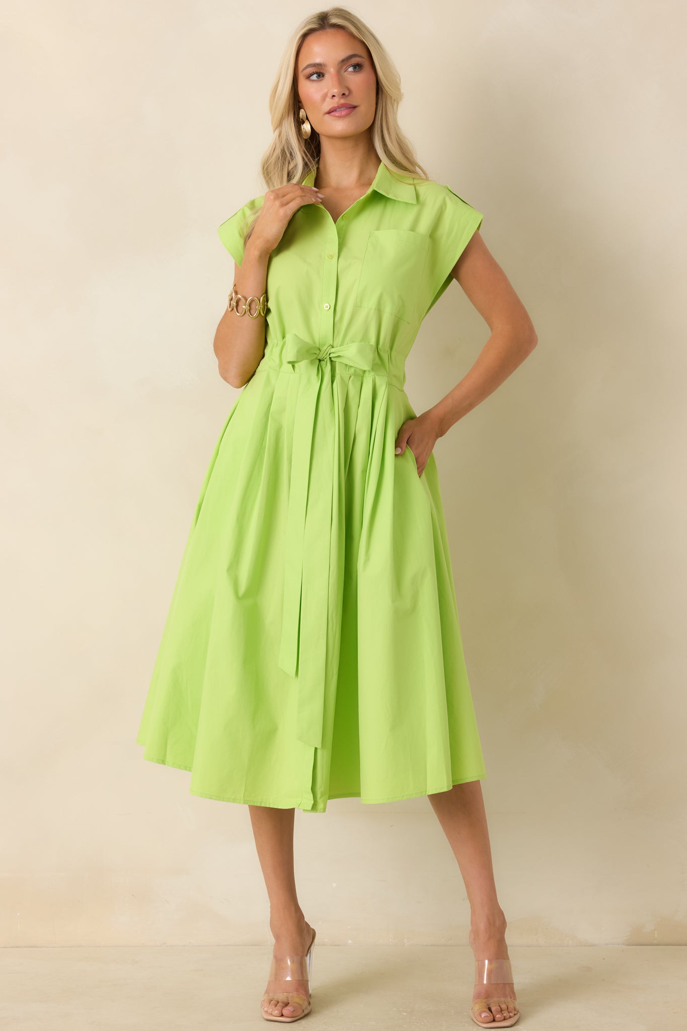 Women's Lana Lime Green Cotton Button-Front Midi Dress | Size: M
