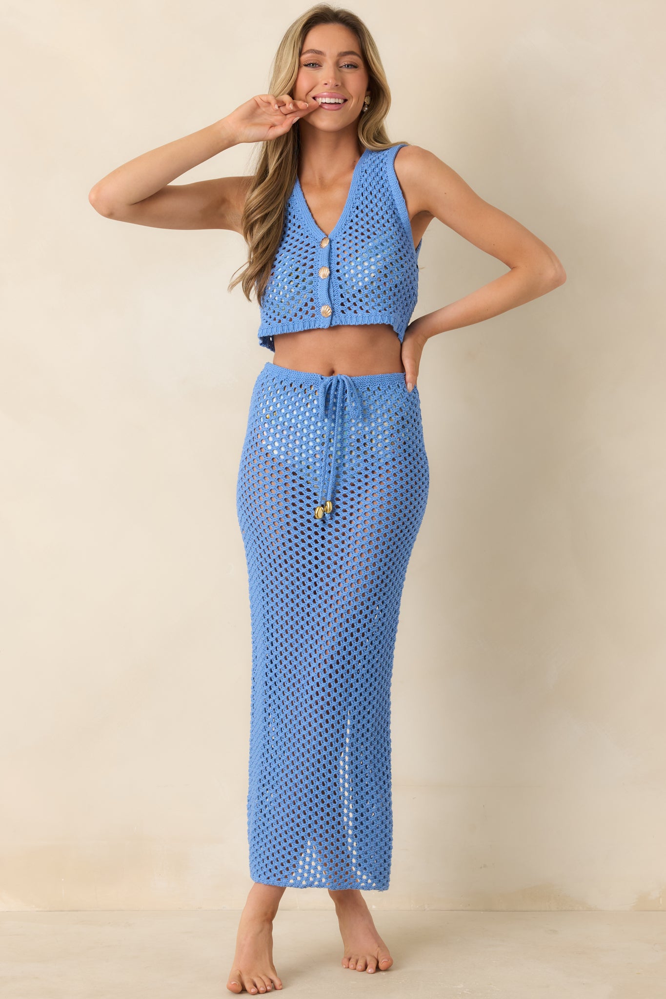 Straight front view highlighting lightweight crochet fabric and pull-on fit with drawstring waist.