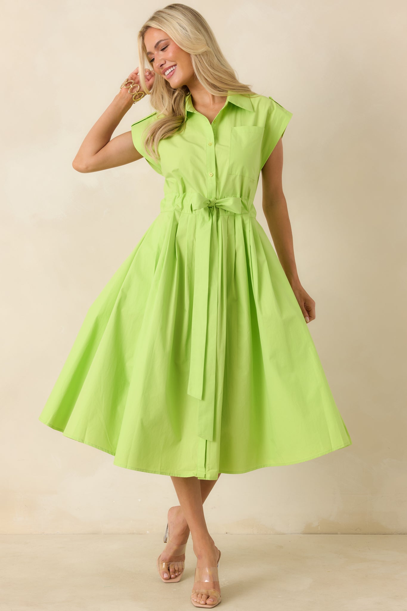 Women's Lana Lime Green Cotton Button-Front Midi Dress | Size: M
