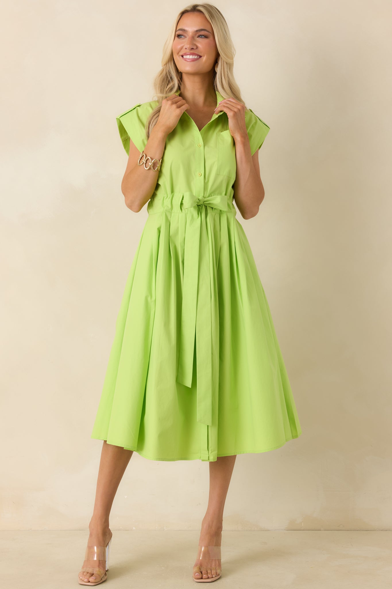 Women's Lana Lime Green Cotton Button-Front Midi Dress | Size: M | Red Dress