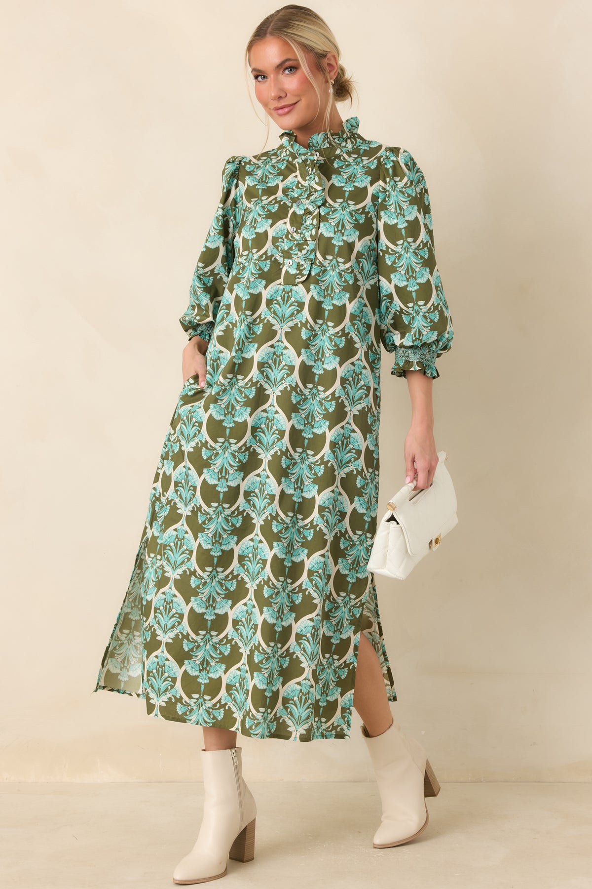 Dream All Day Olive & Aqua Floral Cotton Midi Dress