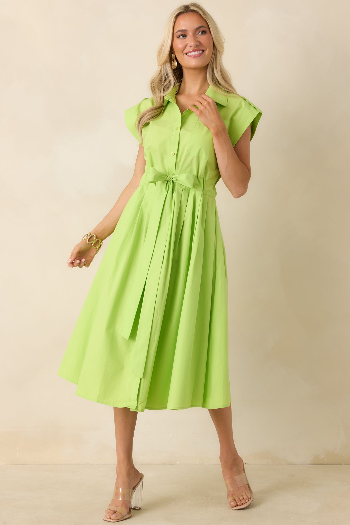 green cocktail dress with pockets Women's Lana Lime Green Cotton Button-Front Midi Dress | Size: M