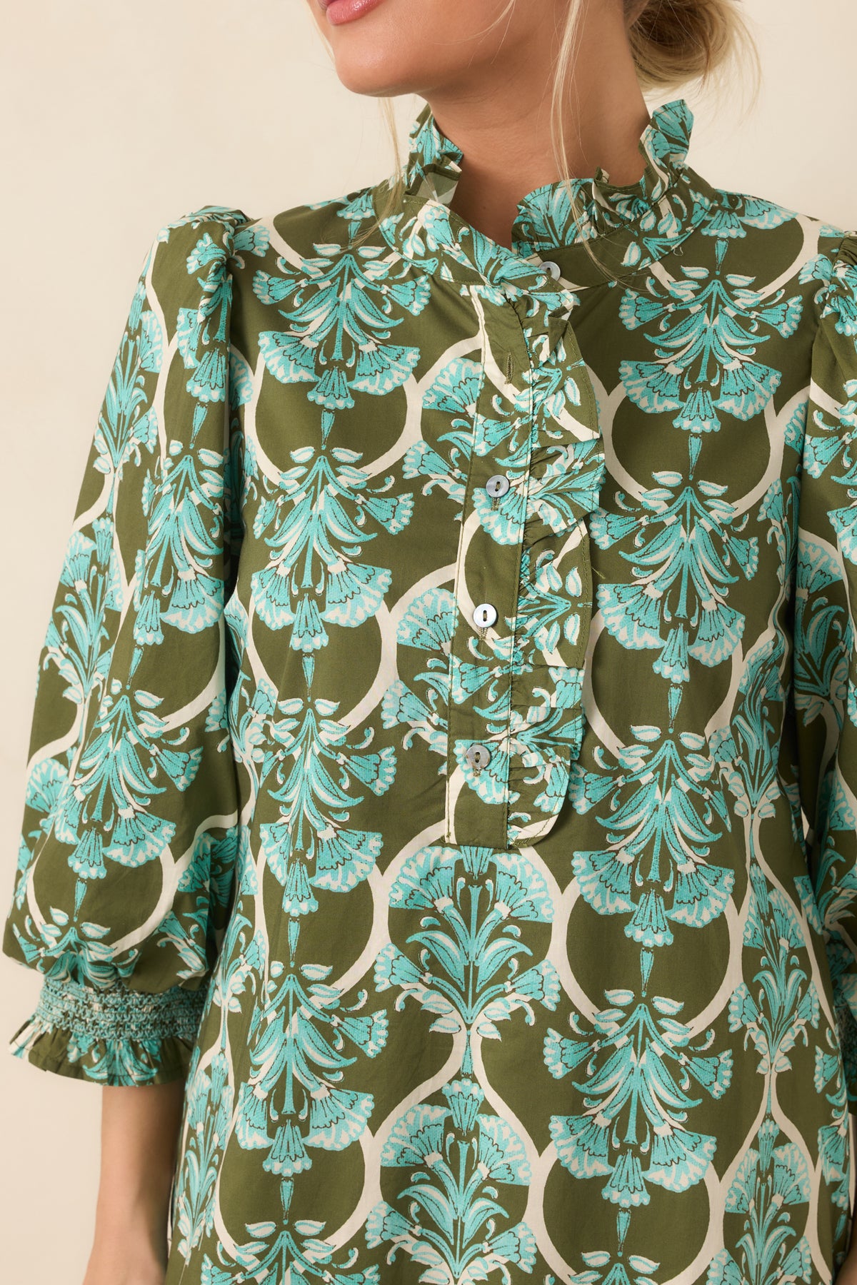 Dream All Day Olive & Aqua Floral Cotton Midi Dress