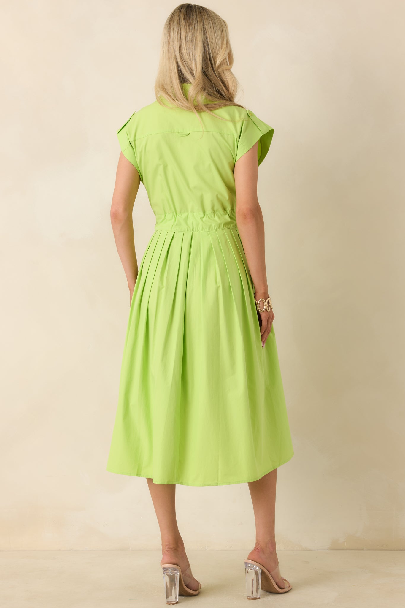 lime green a line dress Prosperina Lana Lime Green Cotton Button-Front Midi Dress