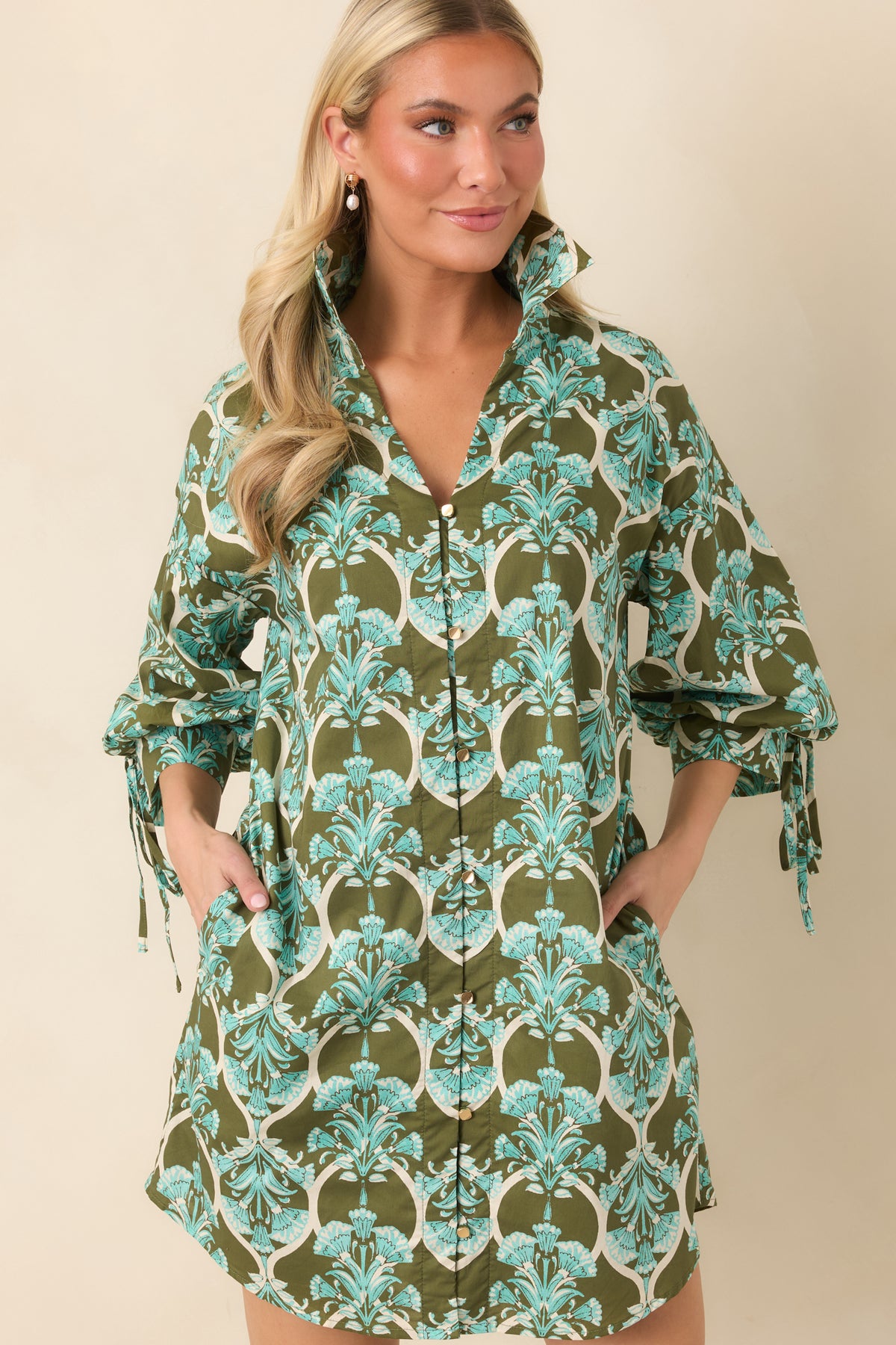 Sun Daze Olive & Aqua Floral Cotton Mini Shirt Dress