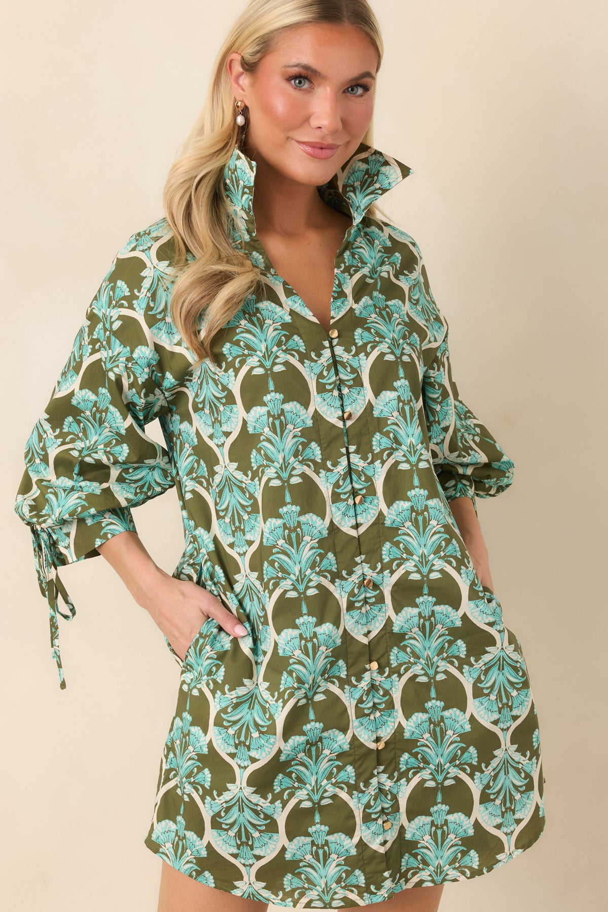 Sun Daze Olive & Aqua Floral Cotton Mini Shirt Dress