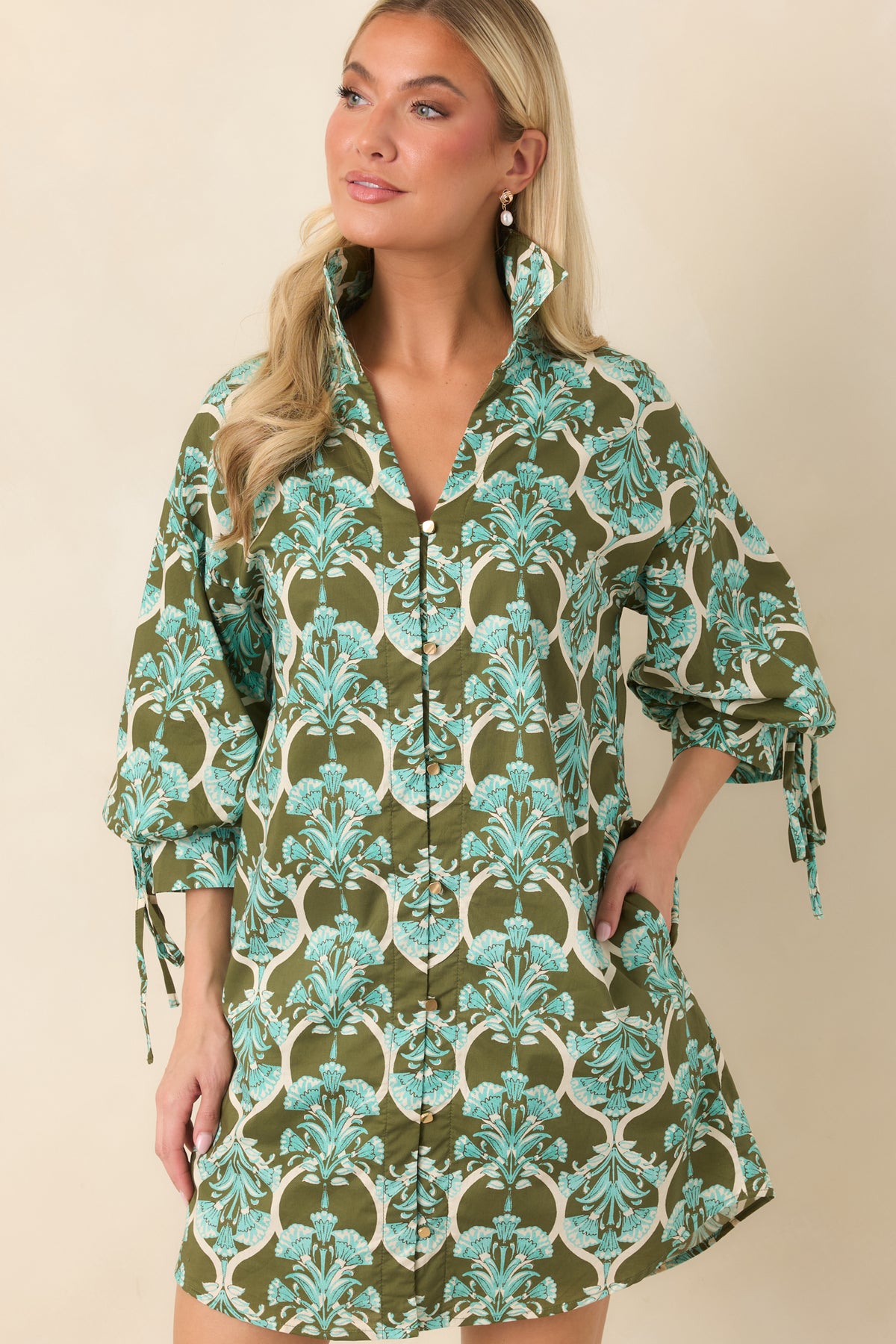 Sun Daze Olive & Aqua Floral Cotton Mini Shirt Dress