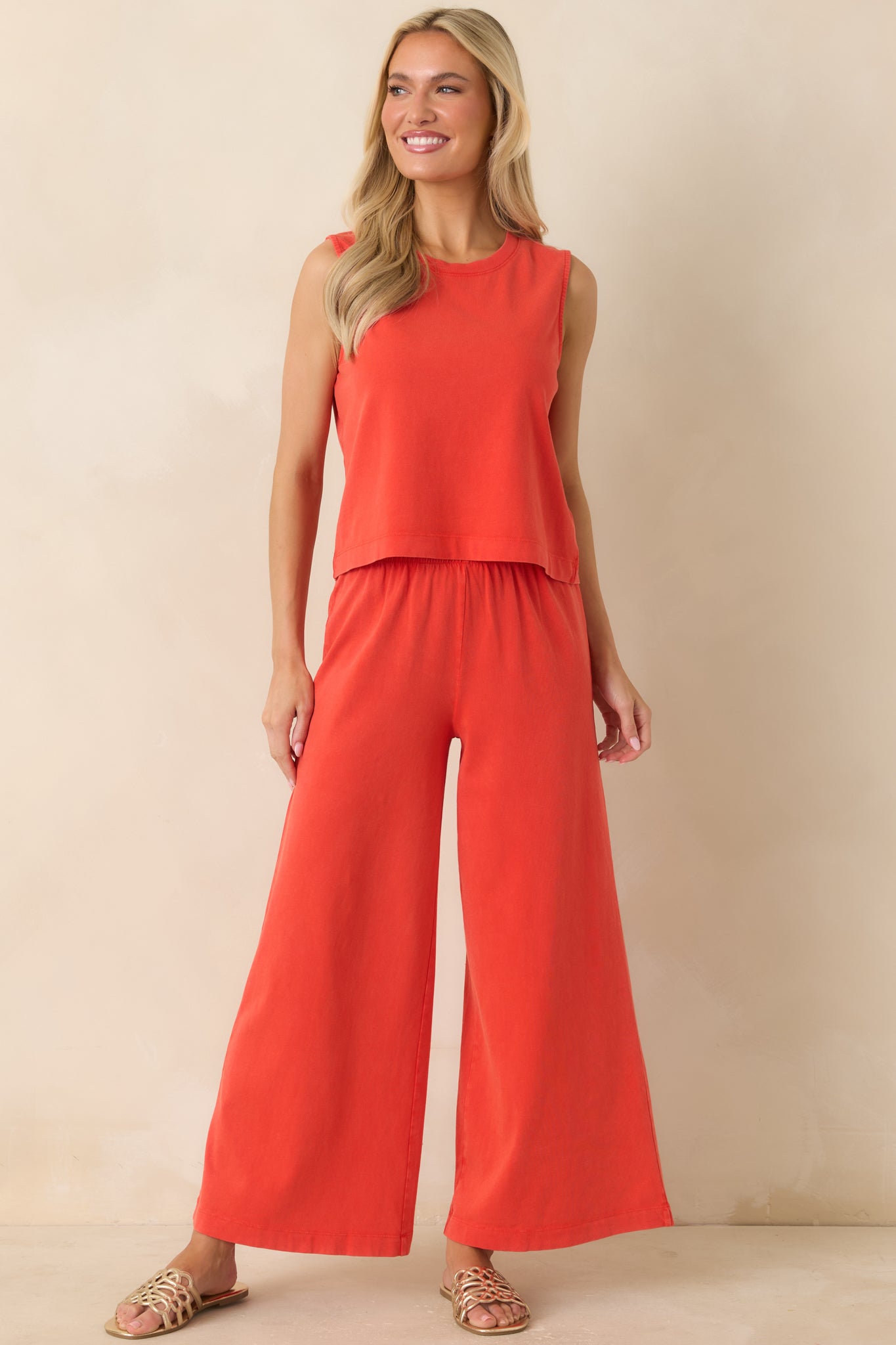 Lightweight poppy red lounge pants featuring a breathable cotton jersey feel, relaxed wide leg fit, and easy pull-on waistband.