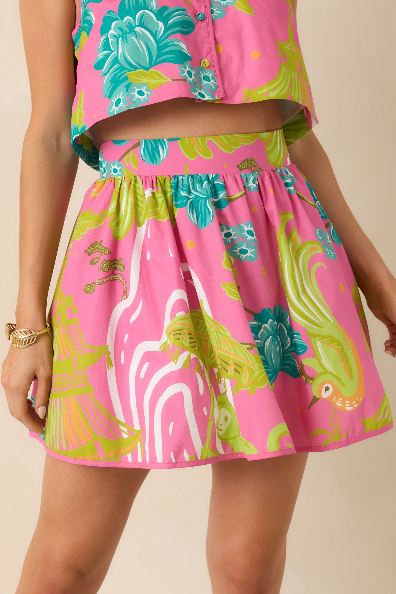 Prosperina Hadley Pink Multi Chinoiserie Cotton Mini Skirt | Red Dress