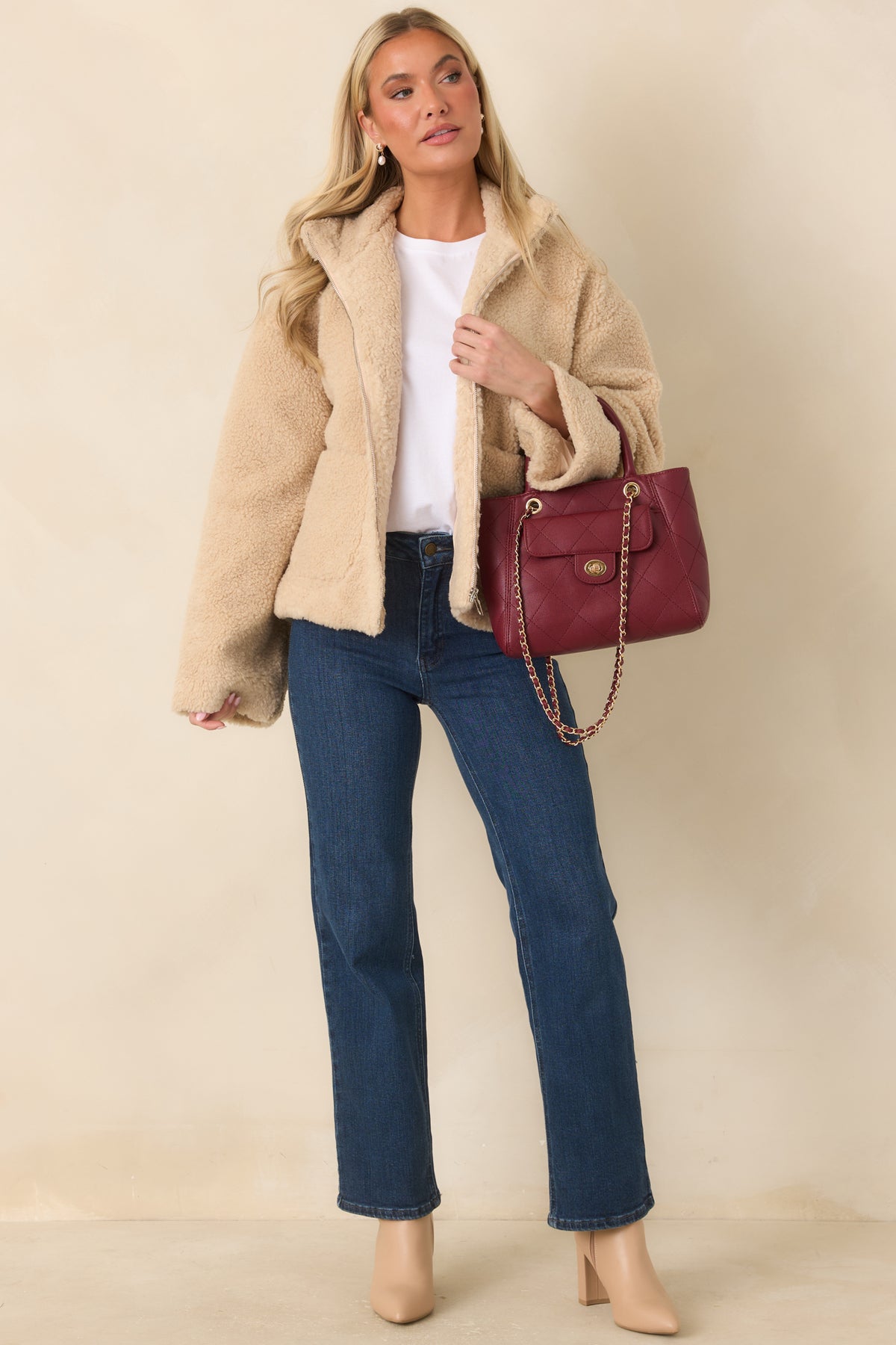 MINKPINK Zola Beige Teddy Zip-Front Jacket