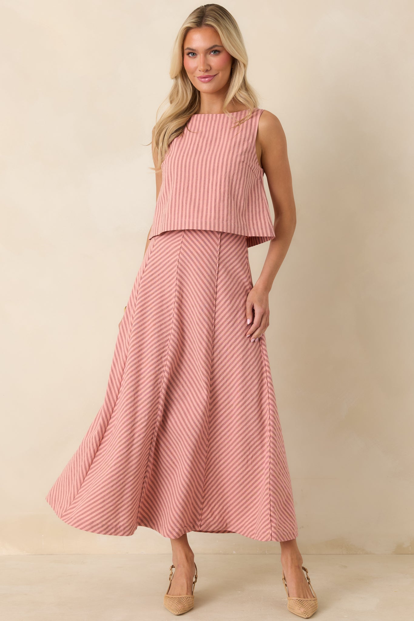 MINKPINK Paloma coral pink stripe sleeveless top in a cotton linen blend with a clean, classic front silhouette.