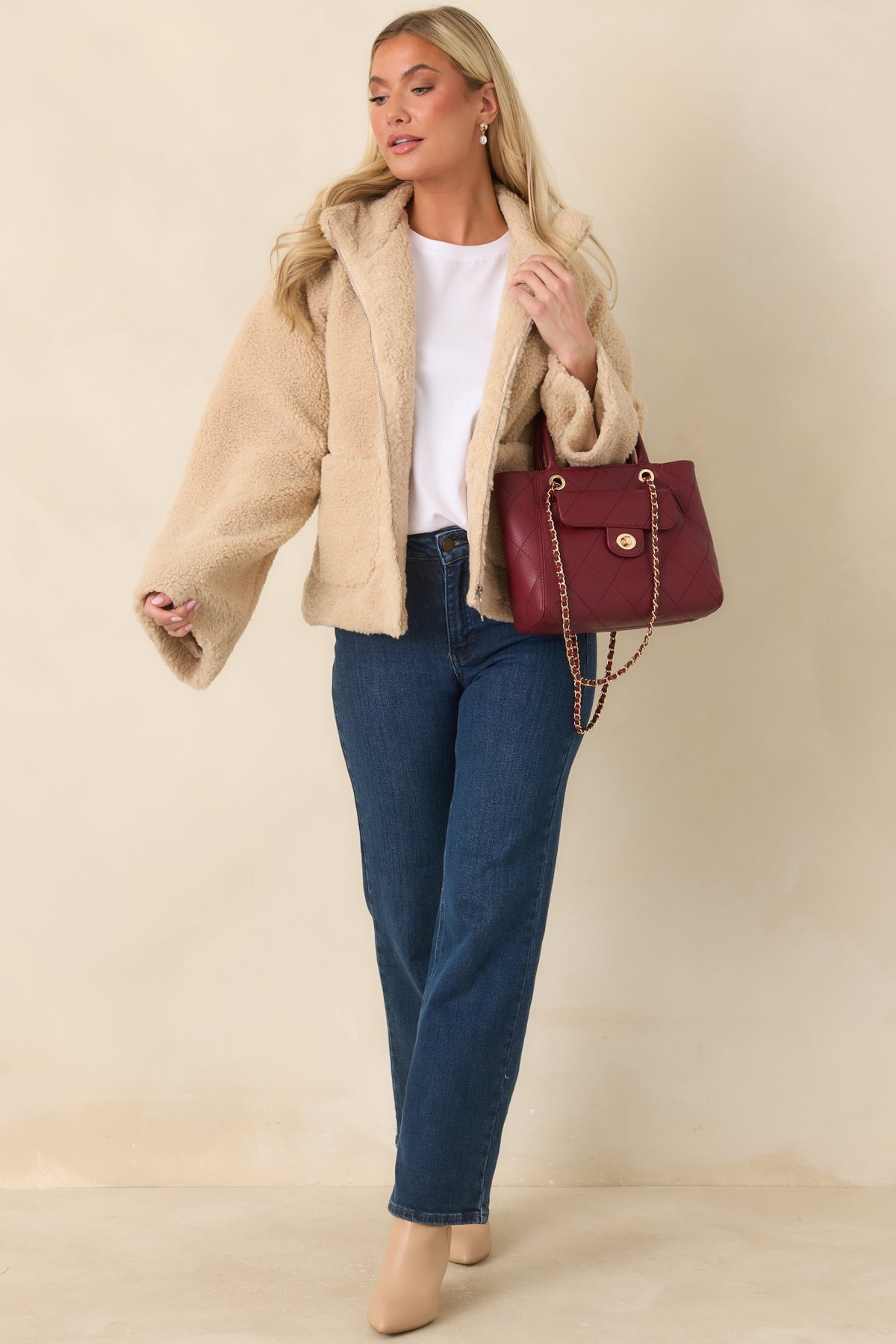 MINKPINK Zola Beige Teddy Zip-Front Jacket